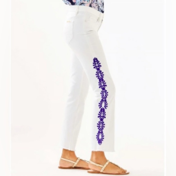 Lilly Pulitzer South Ocean crop flare pant with Lapis Geo Border Embroidery - Picture 2 of 11